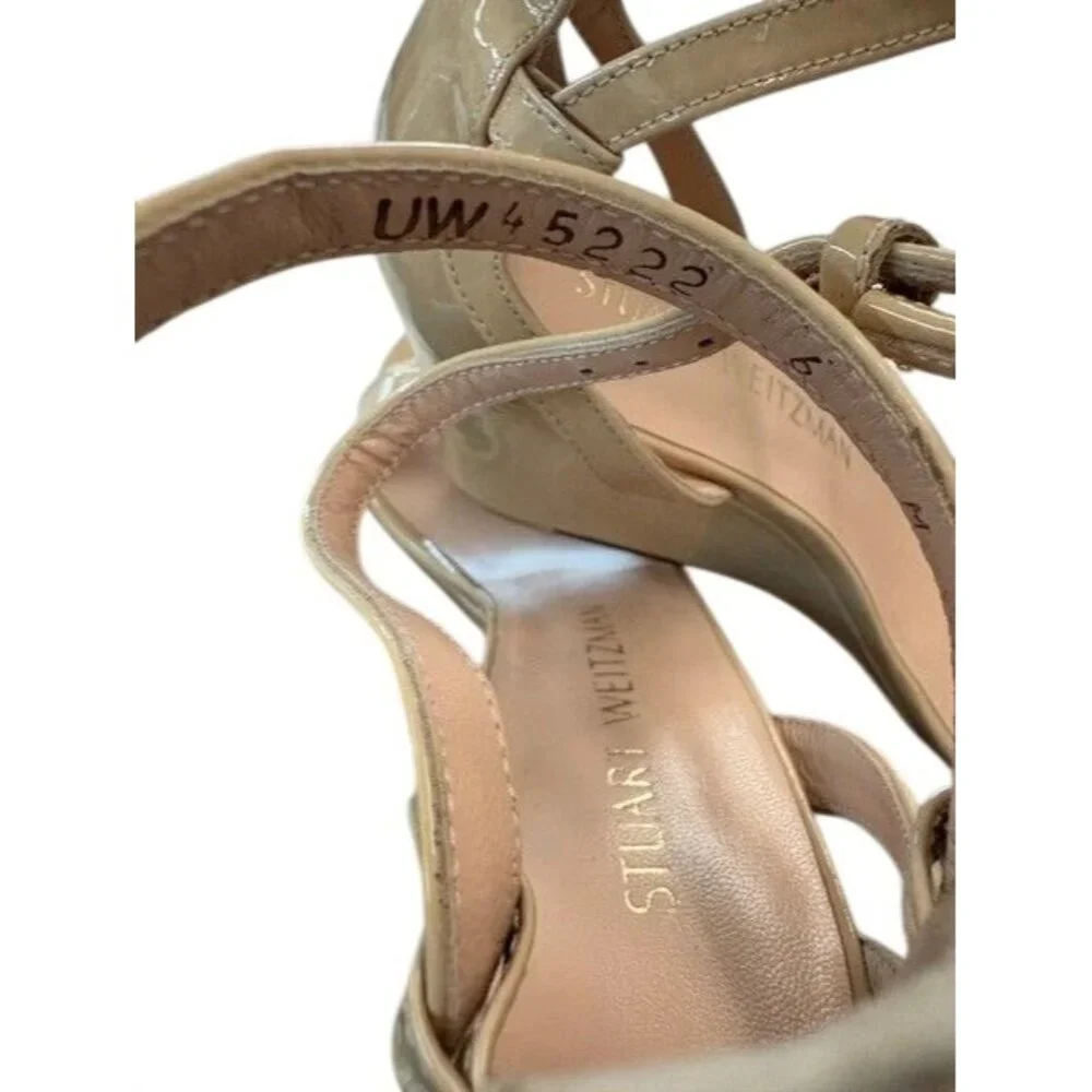 Stuart Weitzman Nude Patent Leather Wedge Sandals Womens Size 6 Adjustable Ankle